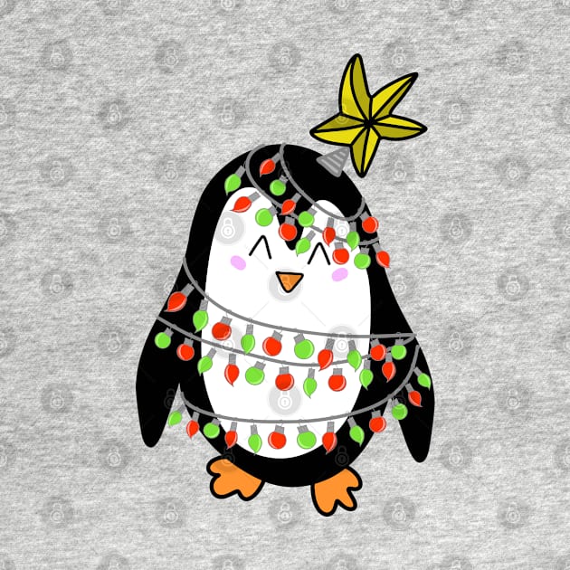 Cute Christmas Tree Lights Wrapped Penguin with a Star on his Head on a Green Backdrop, made by EndlessEmporium by EndlessEmporium